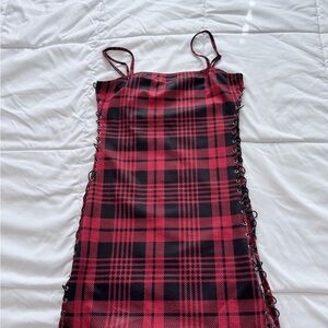 Stylish Red Plaid Lace-Up Mini Dress